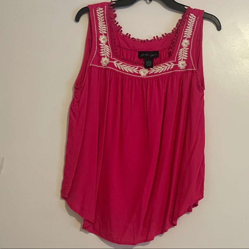 Faith & Zoe Pink Sleeveless Top with White Embroidery